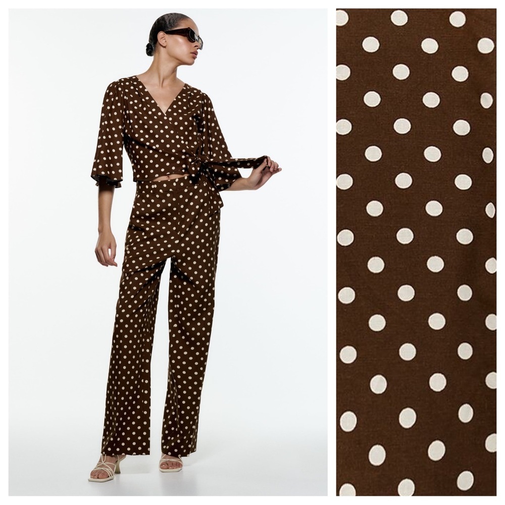 NWT. Zara Brown/Cream Polka Dots Crop Top with Bow. Size L. - Picture 3 of 12